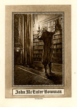 Bookplate of a man putting a book on the shelf with candlelight