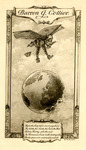 Bookplate of a man reading a book while flying over Earth with a book as his wings