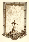 Bookplate of a woman standing on a rock with her hands out by her side