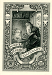 Bookplate of a man with a long beard researching at his desk