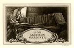 Bookplate of a row of books with a man reading and smoking at the end of it