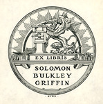 Bookplate of a griffin and books