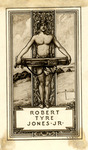 Bookplate of a man standing and holding a golf club bag horizontally