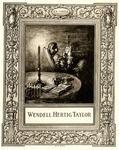 Bookplate of a man reading in a chair with a candlelight
