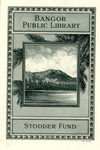 Bookplate of a scenic view, still water, trees, and Mt. Katahdin
