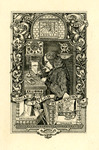 Bookplate of a scientist working at a desk with calligraphic leaves in the border