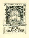 Bookplate of a ship on the water in the shape of a teardrop with flowers and words surrounding it