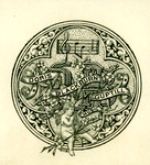 Bookplate of calligraphic leaves, flowers, music notes, and a baby angel playing a harp