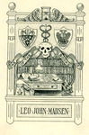 Bookplate of a desk in front of bookshelves, crests, anf a skull