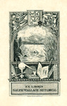 Bookplate of a kayak on the lake and surrounding the image are calligraphic leaves, a tennis rack, and books