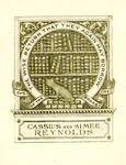 Bookplate of a fox in front of bookshelves