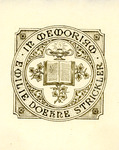 Bookplate of an open book with leaves and an oil lamp