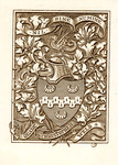 Bookplate of a crest, a knight's helmet, and a dragon surrounding by calligraphic leaves