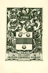 Bookplate of a crest, a knight's helmet, a rooster, and calligraphic leaves