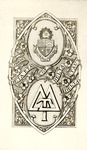Bookplate of an oval like shape with flowers, ribbon, a symbol, and a crest
