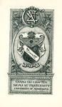 Bookplate of a crest in the center and a fraternity's greek letters above