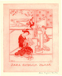 Bookplate of two women, one reading, one lighting a lamp