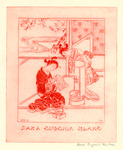 Bookplate of two women, one reading, one lighting a lamp