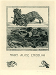 Bookplate of a cat, bird, duck, and fish