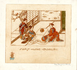 Bookplate of three women, two kneeling at the table, the other entering the room (colored print)