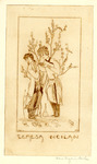 Bookplate of two people standing in front of a blossoming tree