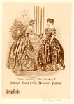 Bookplate of two women, one with a bouquet of flowers in hand