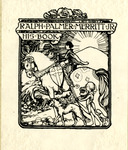 Bookplate of a man with a gun, riding a horse with a child and dog walking beside him.