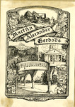 Bookplate of pictures of different monuments such as mountains, building, a house, and a banner with music notes.