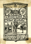 Bookplate of a sword with wings and snakes wrapped around the blade, a church, and cats
