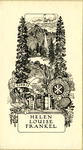 Bookplate of mountains, a waterfall, and a river with trees, books and a sign in latin.