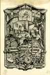 Bookplate of a man using a microscope in the library/office framed with insects, flowers, and a collection of items
