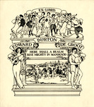 Bookplate of a group of althetes of both genders, one woman and one man and a group of children plaing on the shore beneath the athletes