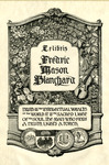 Bookplate of foliage and musical instruments with a passage/quotation and a university crest