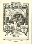 Bookplate of library/office room with two crests beneath