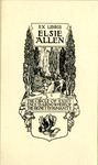 Bookplate of three children playing outside between tall slim trees with writing and a knight's helmet below.