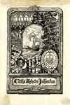 Bookplate of a ship in the ocean in the middle with a tree, people, books, and a Univ. of Toronto crest