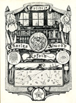 Bookplate of a library wall under a window framed with flowers and three items in circles, beneath it is a boat in the ocean being pulled by a cone kite