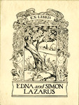 Bookplate of a big tree on open land framed with foliage and two naked children playing a buisine