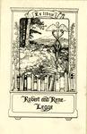 Bookplate of grass framed with leaves, the medical symbol stick, and books.