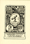 Bookplate of a microscope on top of a book framed by four crests