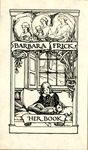 Bookplate of a little girl reading by the window with a cat
