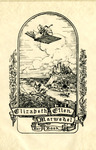 Bookplate of a little girl flying on a giant book over and away from the castle in the back.