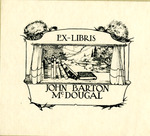Bookplate of a stage with the curtains pulled back to reveal nature and books