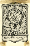 Bookplate of "LWS" in a fancy font in the shape of a circle with leaves all around it and books beneath