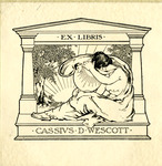 Bookplate of a woman in a toga hunched over looking at the sun framed with greek columns