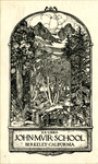 Bookplate of people playing in a field of trees framed by trees, with a mountain on top and books below