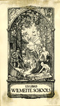 Bookplate of four naked men and one soldier with a gun and an american flag fallen over