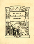 Bookplate of books and candles with a background of leaves