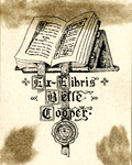 Bookplate of an open book on a book stand.