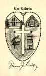 Bookplate of a rosary framing two churches, one piano, and a bookshelf